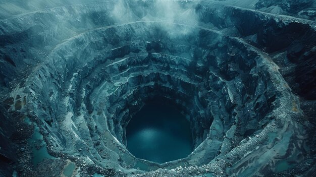 Photo top view aerial drone view of an open pit mine a coal extraction industry and a coal extraction industry