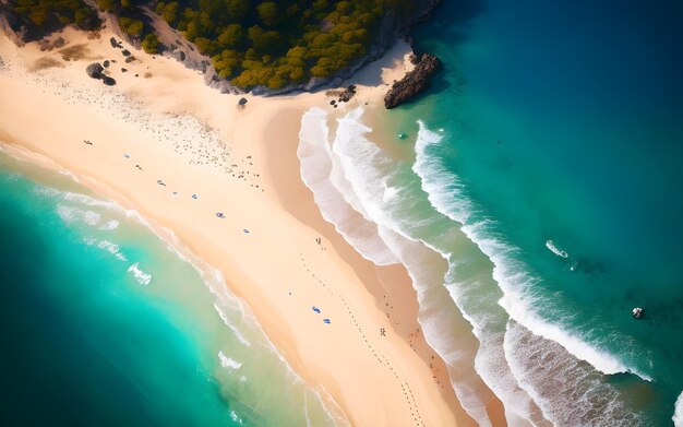 写真 ターコイズ色の水の美しい海景のビーチをドローンから撮った上空画像