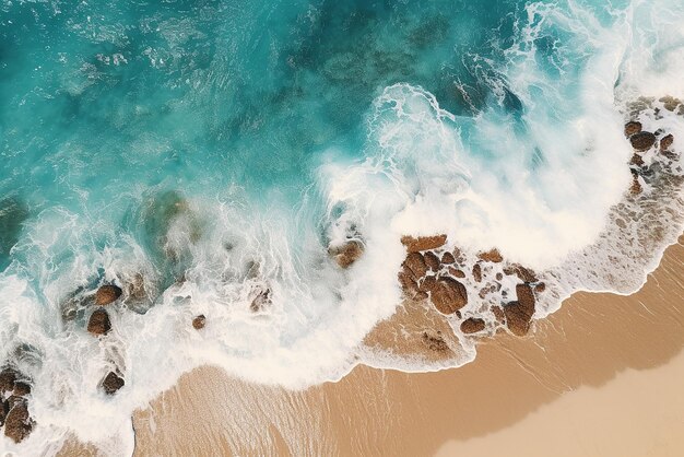 Top view aerial image from drone of an stunning beautiful sea landscape beach with turquoise water with copy space