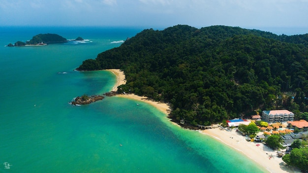 Top view aerial image from drone of an stunning beautiful sea landscape beach with turquoise water