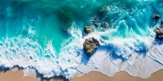 Top view Aerial perspective of a wave breaking in shallow water creating a beautiful turquoisecolored cascade Generative AI