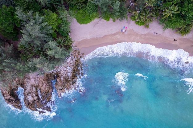 Top view aerial photo from flying drone of amazing beautiful sea beach landscape with turquoise water Copy space for your advertising text message or promotional contentTravel and tour background