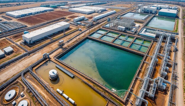 Photo top view aerial view of a water treatment plant generative ai