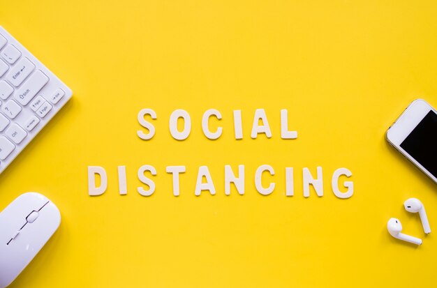 top view of alphabet wooden letter about social distancing concept.