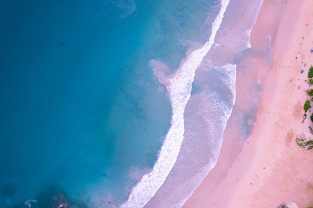 Top view of amazing pastel pink sand beach and turquoise sea copy space available nature background High angle view sea surface