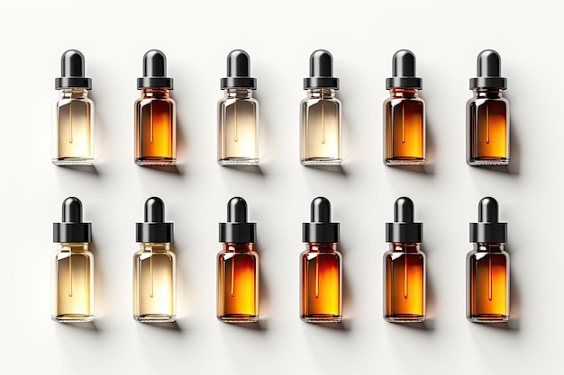 Top view of amber glass vials with cosmetic serum Containers without labeling for cosmetics