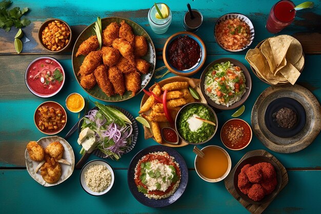 Top view of american food with soda