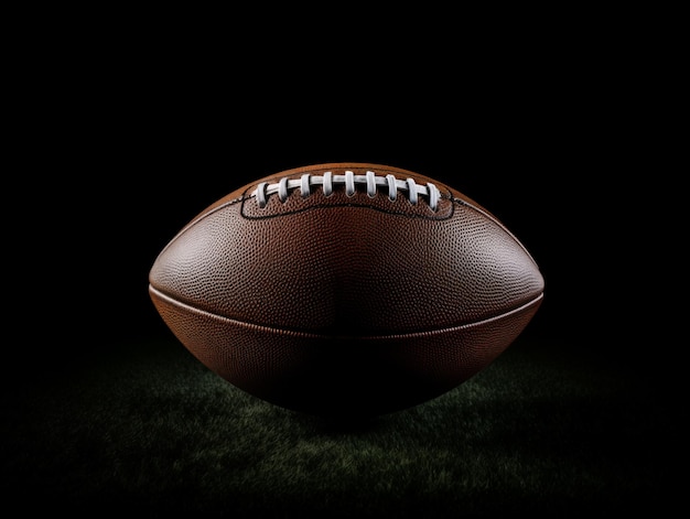 Top view of American Football Ball on green grass and black background