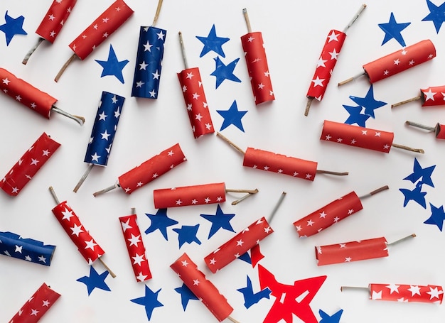Photo top view of american stars and firecrackers on white background generative ai
