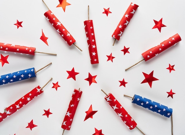 Photo top view of american stars and firecrackers on white background generative ai