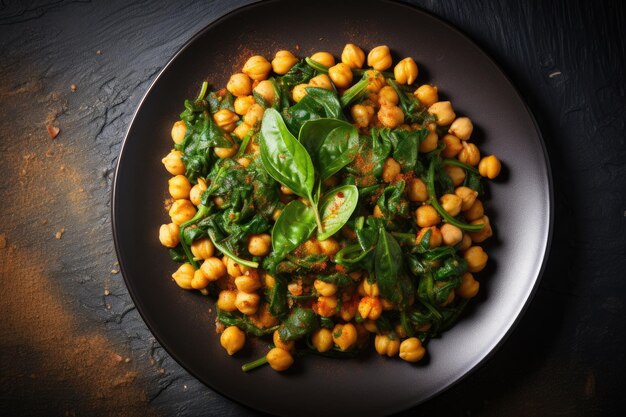 Photo top view of andalusian style plate with spinach and chickpeas