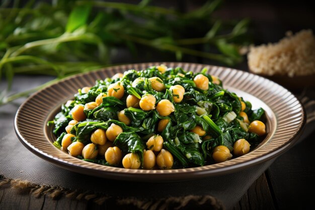 Photo top view of andalusian style plate with spinach and chickpeas