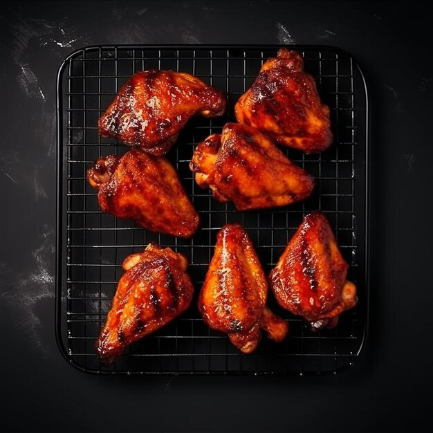 top view of appetizing grilled chicken wings placed on metal grid on gray background