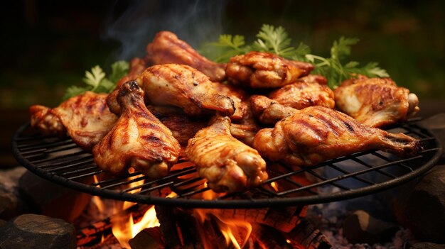 Photo top view of appetizing grilled chicken wings placed on metal grid on gray backgroundgenerative ai