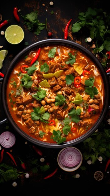 top view on appetizing pozole bowl