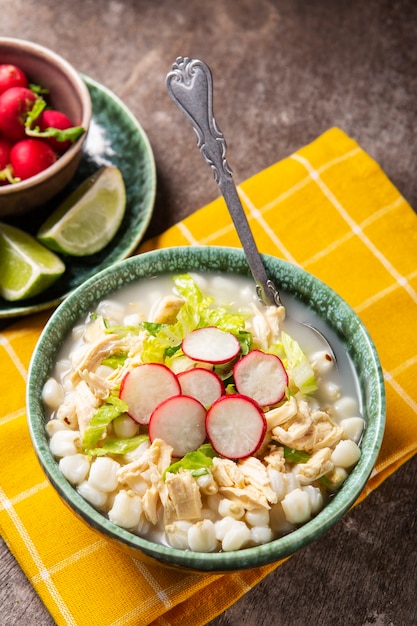 Top view on appetizing pozole bowl