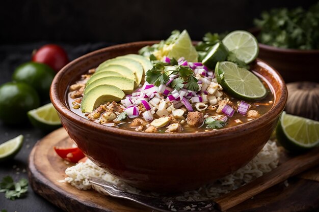 top view on appetizing pozole bowl