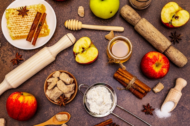 top view apple pie ingredients on table