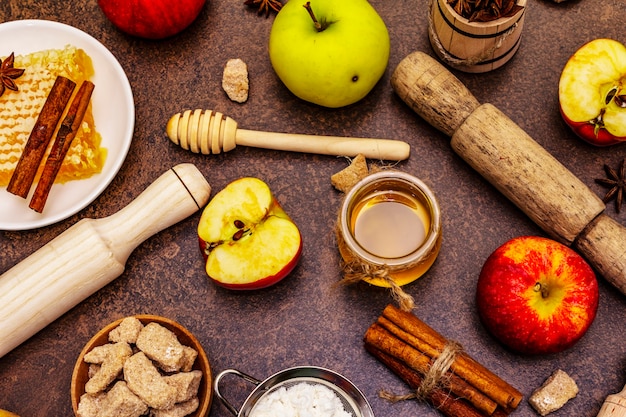 top view apple pie ingredients on table