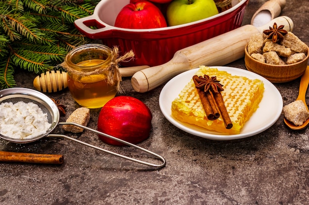 top view apple pie ingredients on table