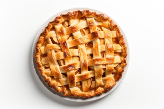 Top view of apple pie on white background