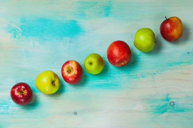 Top view of apples in line