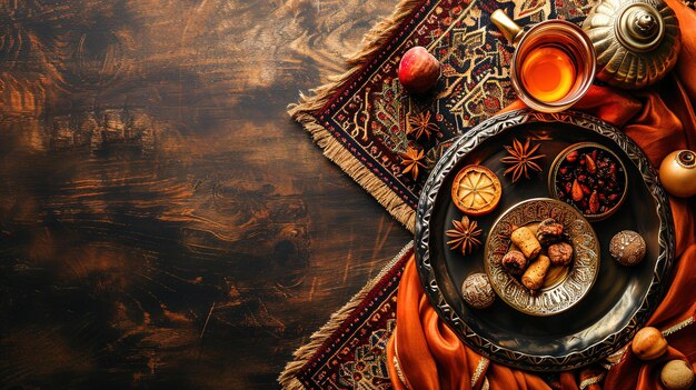 Фото Арабский чай с орехами и медом на деревянном фоне