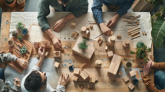 Top view of architects working on a project They are using wooden blocks to create a model of a building