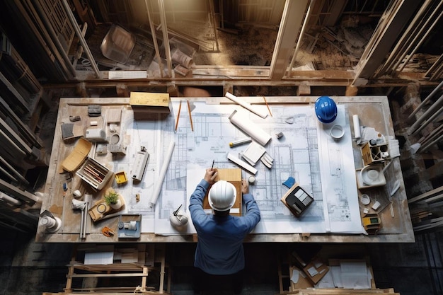 Top view of architectural engineer working on his blueprints with documents on construction site