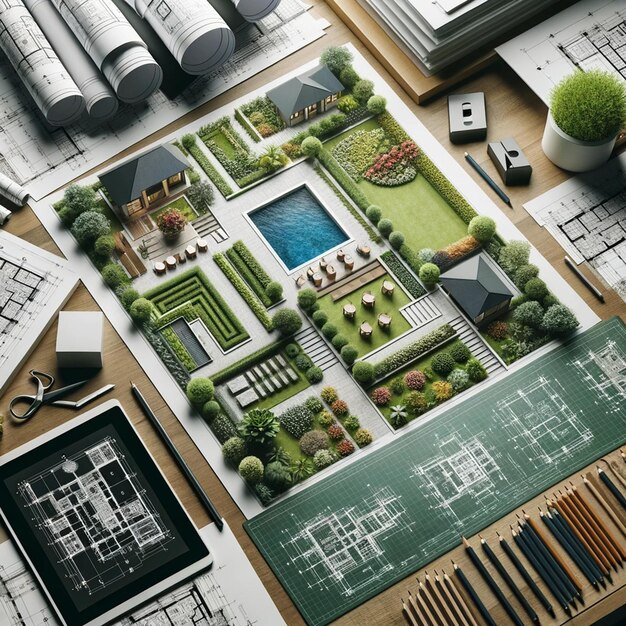 Top view of architectural plans spread out on a desk