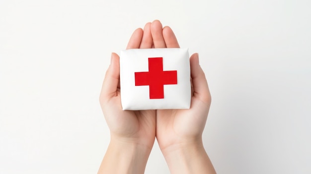 Photo top view of the arms with the symbol of medicine on a white background