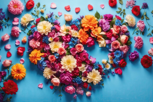 심장 AI 생성을 사용한 다채로운 꽃의 상위 뷰 배열