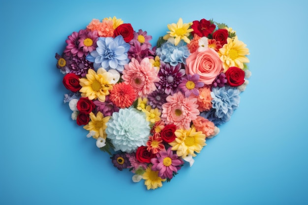 Top view arrangement of colorful flowers with heart shape placed on blue background