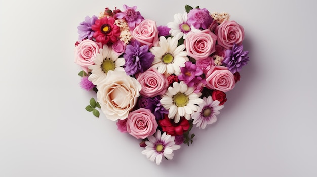 Top view arrangement van kleurrijke bloemen met hartvorm geplaatst op witte achtergrond.