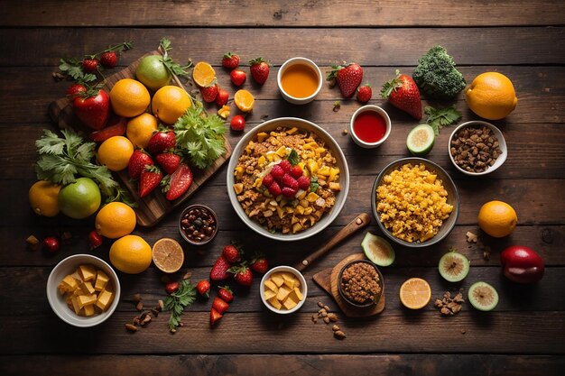 top view arrangement with food on wooden background