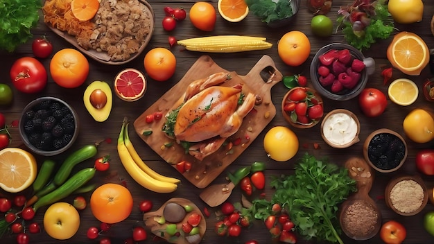 Top view arrangement with food on wooden background