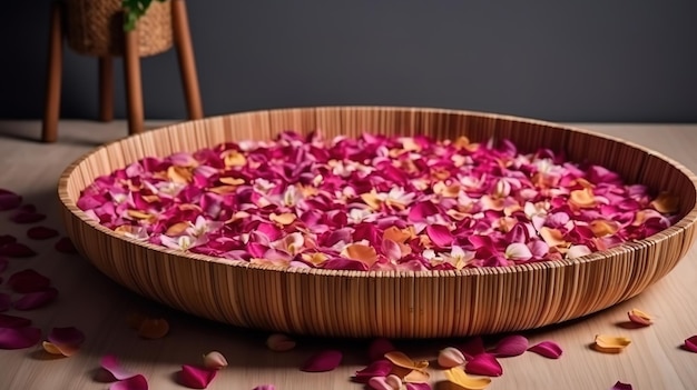 Top view arrangement with pink petals and stones Generative Ai