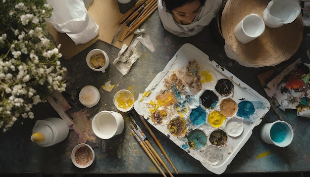 Top view of artist painting on palette with watercolors in studio