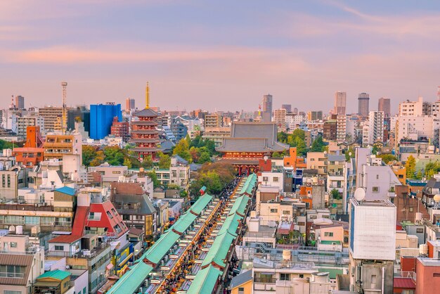 Top view of Asakusa area in Tokyo Japan at sunset