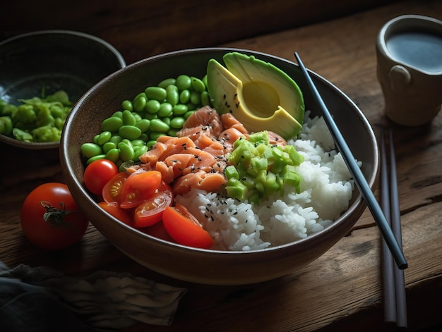 Top view of an asian bowl with edamame salmon tomato tacos avocado slices white rice chopsticks