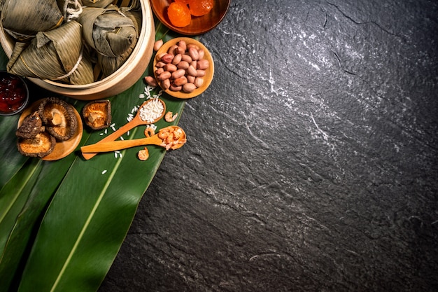 Top view of Asian Chinese homemade Zongzi - Rice dumpling food for Dragon Boat Festival