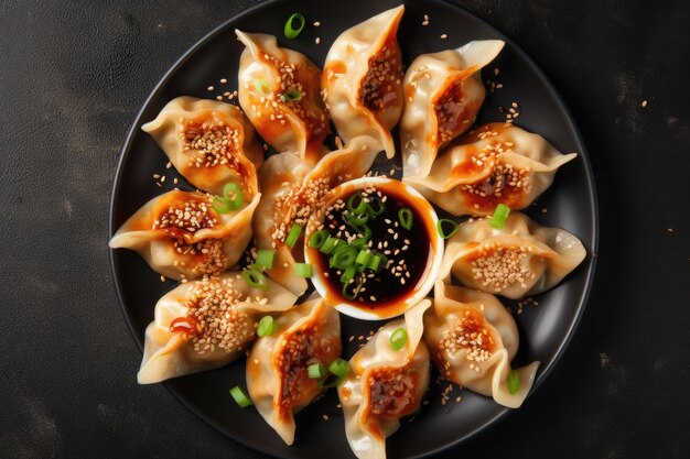 Foto vista dall'alto degli gnocchi fritti asiatici gyoza o jiaozi serviti su uno sfondo di cemento nero con salsa di soia