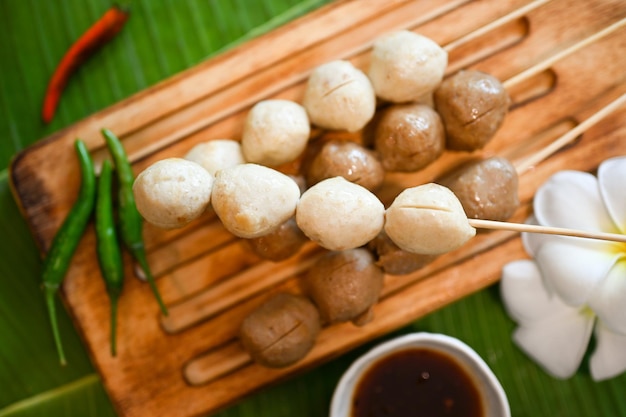 Top view Asian Thai grilled meatballs and pork balls