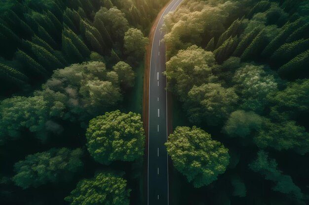 Top view asphalt road through green forest Generative ai design concept