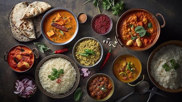 Top view of assorted indian curry and rice dishes Generative Ai