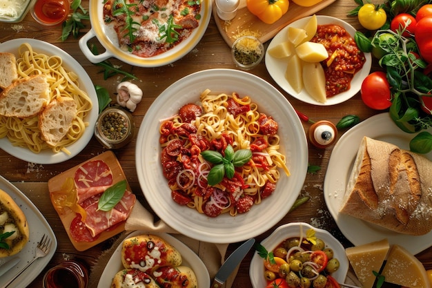 Photo top view of assorted italian food at table
