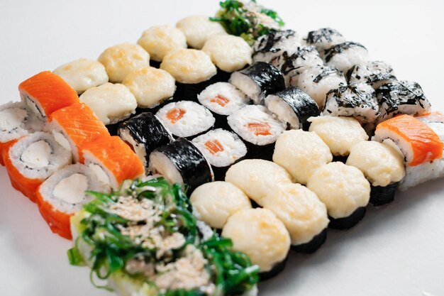 Top view of assorted sushi rolls