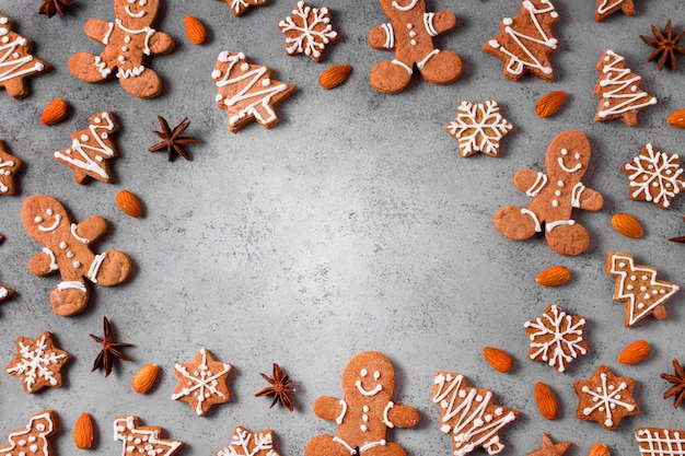 Top view of assortment of gingerbread cookies