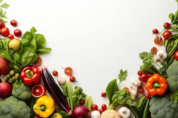 Top view Assortment organic fresh vegetables and healthy food isolated on white background