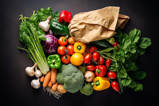 Top view of assortment of vegetables in paper background